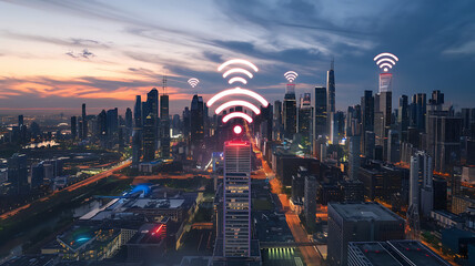 Obraz premium Futuristic Cityscape with Wireless Connectivity at Night.wifi connectivity city skyline at night, wi-fi zone, wireless connection over a city, internet connection