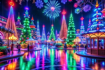A brightly lit room with a Christmas tree and a table with a lit candle