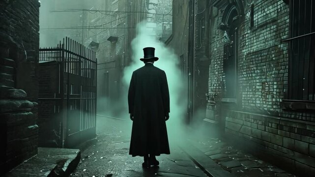 A man in a top hat walks down a foggy alleyway in a city, shrouded in mystery