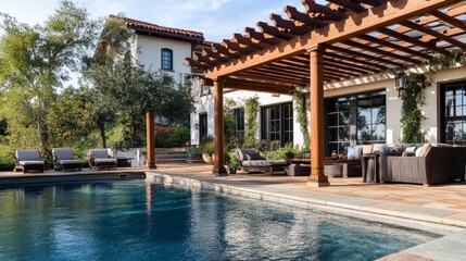 Wooden pergola over an elegant seating area by the pool, blending natural wood tones with modern design.