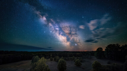 breathtaking drone photo captures stunning night sky filled with stars and Milky Way, surrounded by serene trees and tranquil landscape. beauty of cosmos evokes sense of wonder and peace