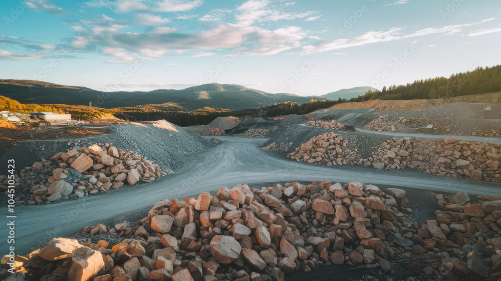 Poster scenic view of quarry during day, showcasing large rock piles and winding path through landscape. su