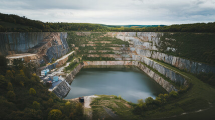 Aerial view of large quarry surrounded by lush greenery and tranquil body of water. quarry features steep, layered rock formations and machinery, showcasing industrial activity in natural setting