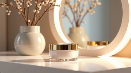 Minimalist beauty product scene with a luxurious cream jar, gold accents, and soft natural lighting. Ideal for skincare, cosmetics, and beauty-themed visuals