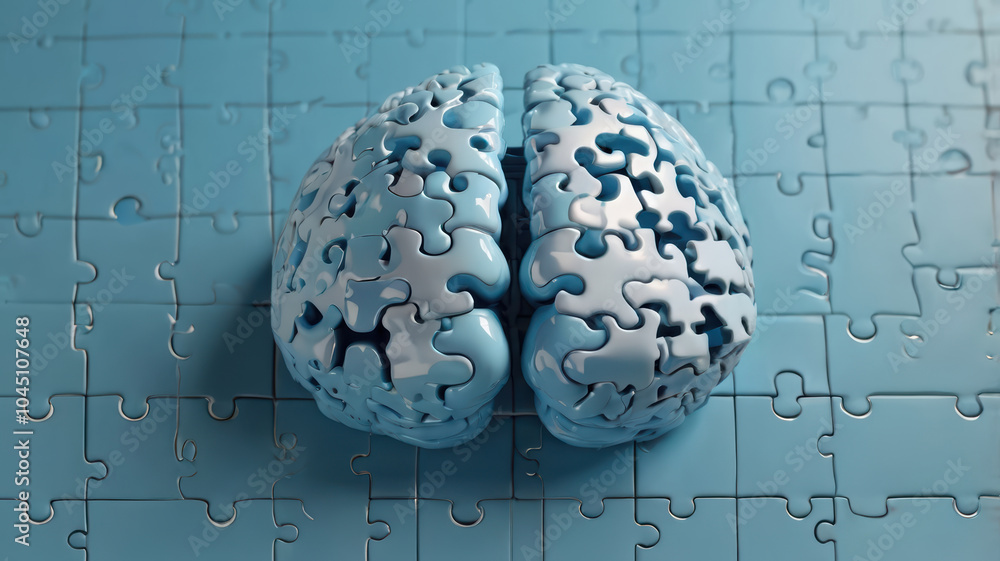 Poster blue brain made of puzzle pieces sits on matching puzzle background, symbolizing creativity and prob