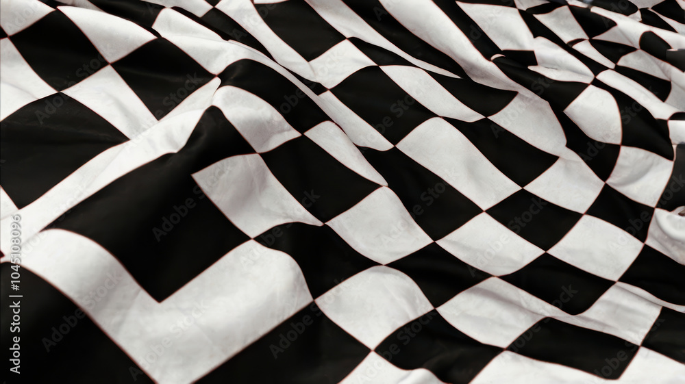 Poster image features close up of checkered flag, showcasing its distinctive black and white pattern. fabri