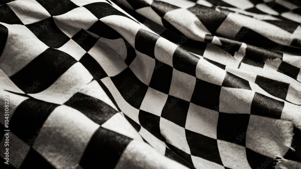 Poster image features close up of checkered flag, showcasing contrasting black and white squares in texture