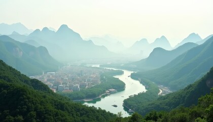 Obraz premium Enchanting River Valley Amidst Majestic Mountains
