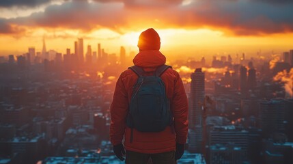 construction worker confidently stands on a rooftop, illustrating determination and resilience amidst a backdrop of a city skyline, embodying the spirit of hard work