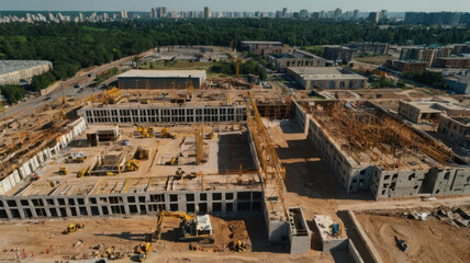 Obraz premium Aerial view of large construction site featuring multiple buildings, cranes, and construction equipment. urban landscape in background adds depth to scene
