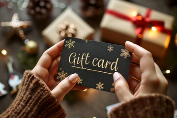 Woman holding in hands gift card for a Christmas holidays. Nicely decorated voucher with xmas decorations, perfect present for winter holidays. 