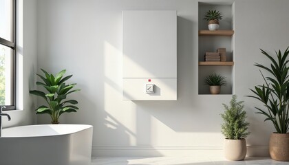 A white modern wall-mounted toilet with a round toilet seat, surrounded by white walls, shelves with potted plants, and a minimalist decor