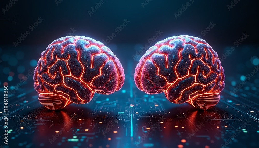 Poster futuristic glowing brains: a visualization of advanced technology and human intelligence integration