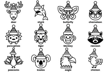 Set of illustrations in the concept of various animals wearing Christmas hats in a line drawing style