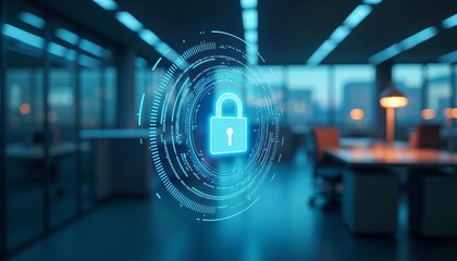 Futuristic digital security interface featuring glowing lock icon and circular data visualization in blurred office setting