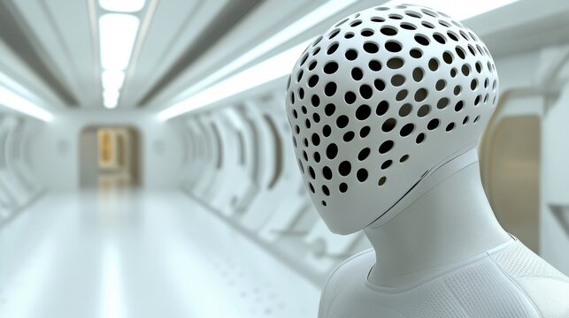 Futuristic humanoid figure with a perforated helmet in a sleek, white corridor, AI