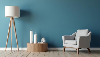  Modern minimalist interior with blue wall and wooden floor