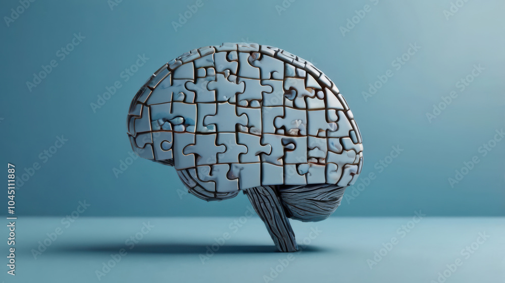 Poster brain made of puzzle pieces in light blue tones symbolizes creativity and problem solving. this arti