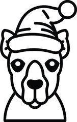 Illustration of a camel wearing a Christmas hat in line art style