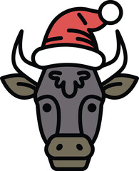 A cow with a red hat on its head