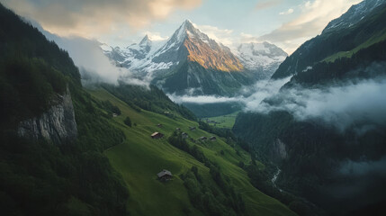 A mountain range with a village in the valley