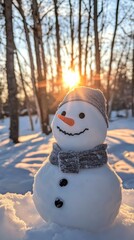 Fototapeta premium Snowman enjoying a beautiful winter sunset in the forest
