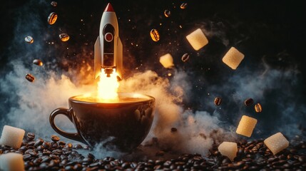 Rocket launching from coffee cup surrounded by coffee beans and sugar cubes