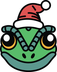 Illustration of a lizard wearing a Santa hat in line art style