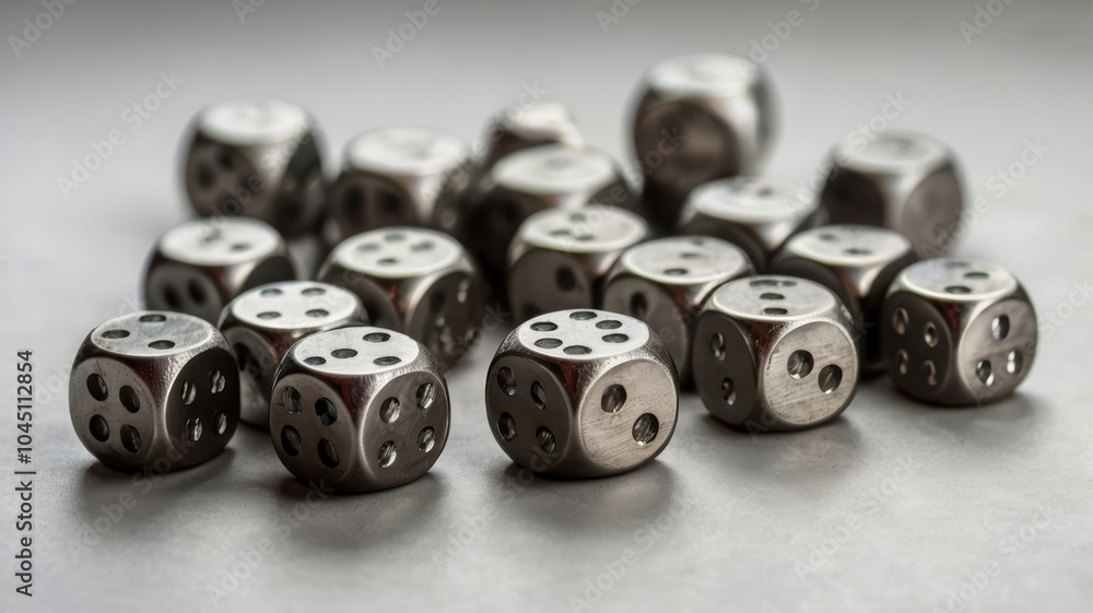 Poster metal dice scattered on gray surface create intriguing visual. shiny surfaces reflect light, adding 