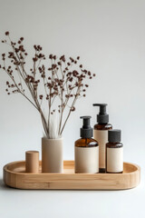 Natural eco-friendly packaging display with decorative dried flowers on a bamboo tray