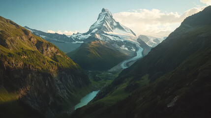 A mountain range with a large peak and a river running through it