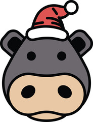 Illustration of a hippo wearing a Santa hat in line art style