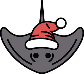 Illustration of a stingray wearing a Santa hat in line art style.