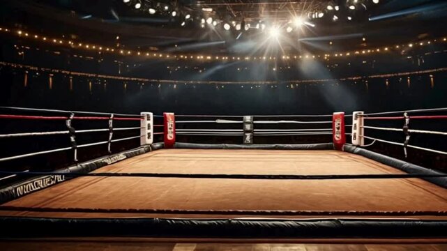 Empty Boxing Ring with Lights and a Ringside View