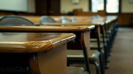 A small table is p at the end of each row allowing students to place their belongings during lectures.