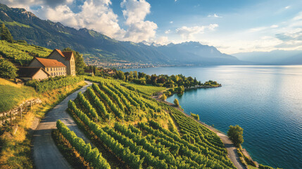 A beautiful view of a vineyard with a house and a lake in the background
