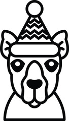 Illustration of a camel wearing a Christmas hat in line art style