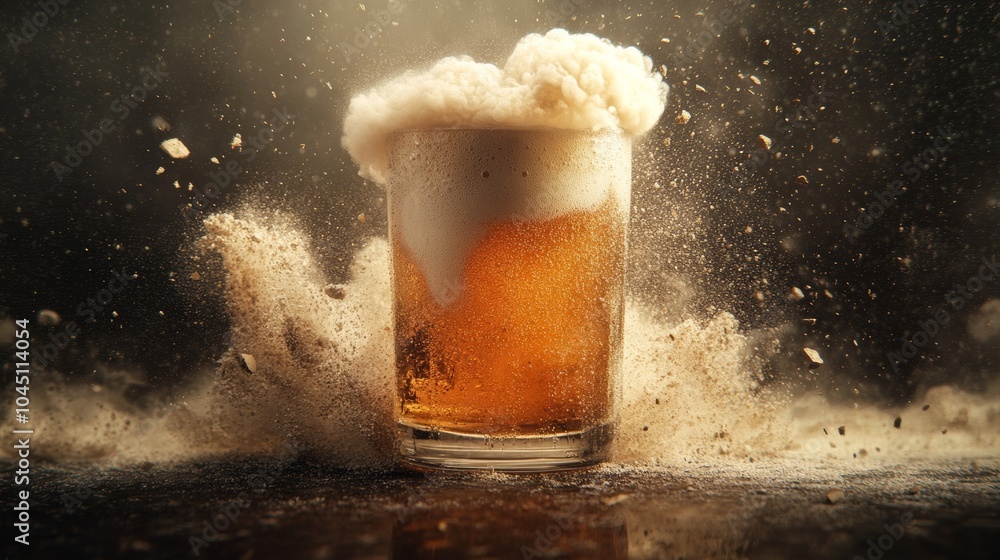 Aufkleber glass of beer exploding with foam and dust particles