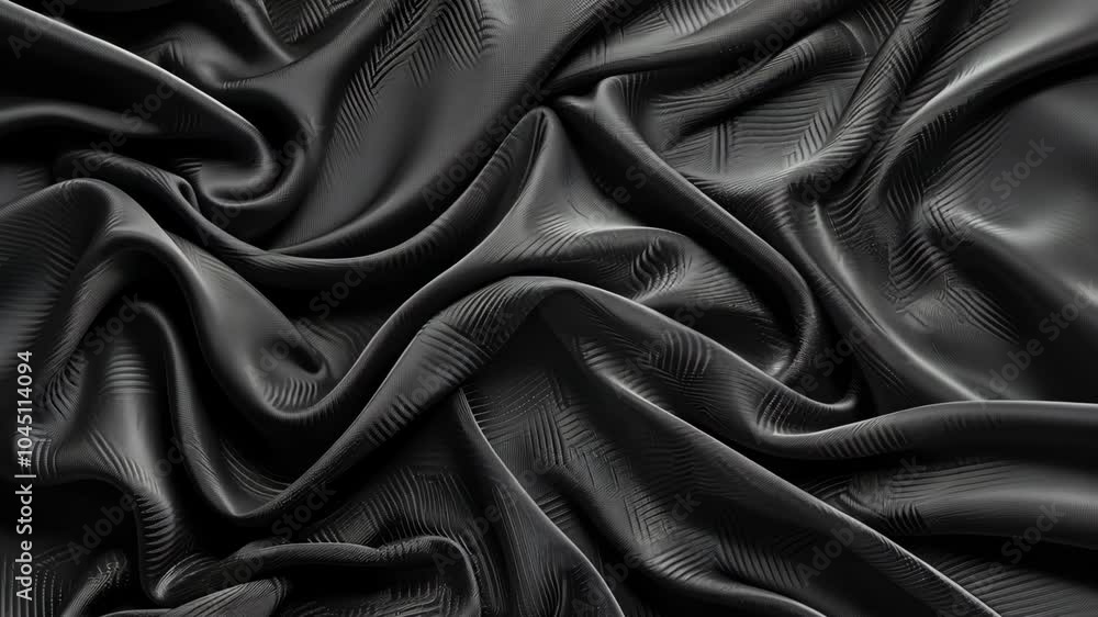 Poster black satin fabric with a subtle herringbone pattern is draped in soft folds