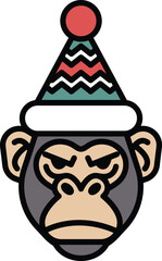 A cartoon of a monkey wearing a hat and a red and green striped scarf