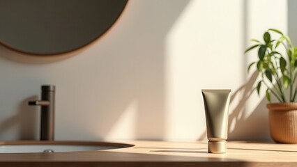 Minimalist bathroom with a cosmetic cream tube on a wooden counter, featuring elegant modern decor and soft natural lighting