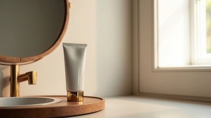 Minimalist bathroom with a cosmetic cream tube on a wooden counter, featuring elegant modern decor and soft natural lighting