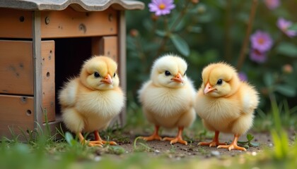  Three adorable chicks exploring their surroundings