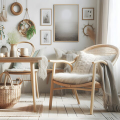 A cozy living room with a wooden chair, a basket, and a vase
