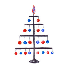 Christmas Tree decorated with blue and red balls. Hand drawn illustration.