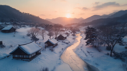 A snowy landscape with a river and houses in the background