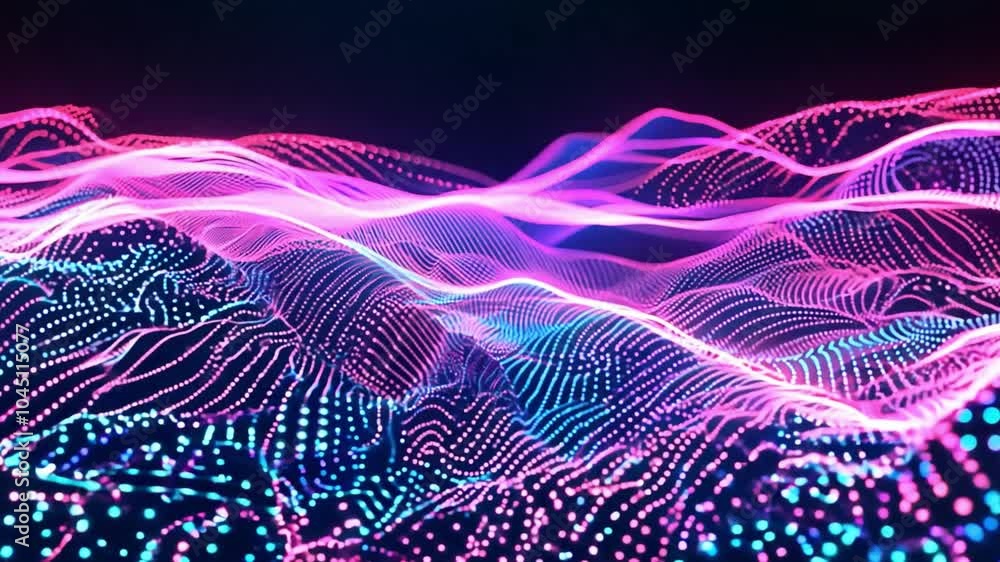 Poster colorful neon light waves form an abstract digital landscape with flowing lines in a vibrant display