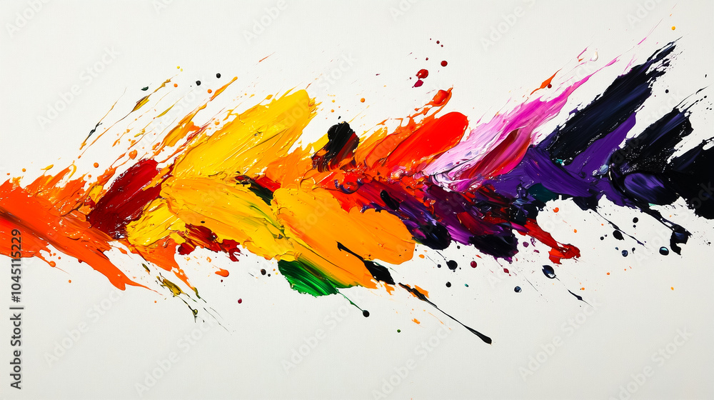 Poster a burst of colorful paint splashes across a white canvas, forming an abstract expression of creativi