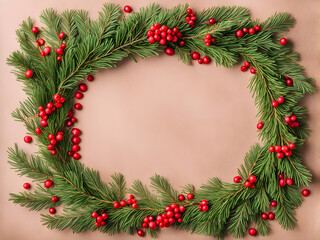 Christmas frame made of fir branches, red berries. Christmas wallpaper. Flat lay, top view, copy space