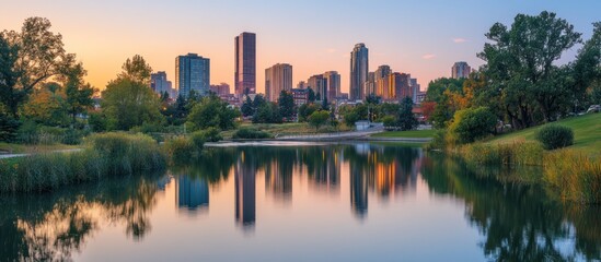 Fototapeta premium A tranquil lake reflects a city skyline at sunset, creating a picturesque scene.